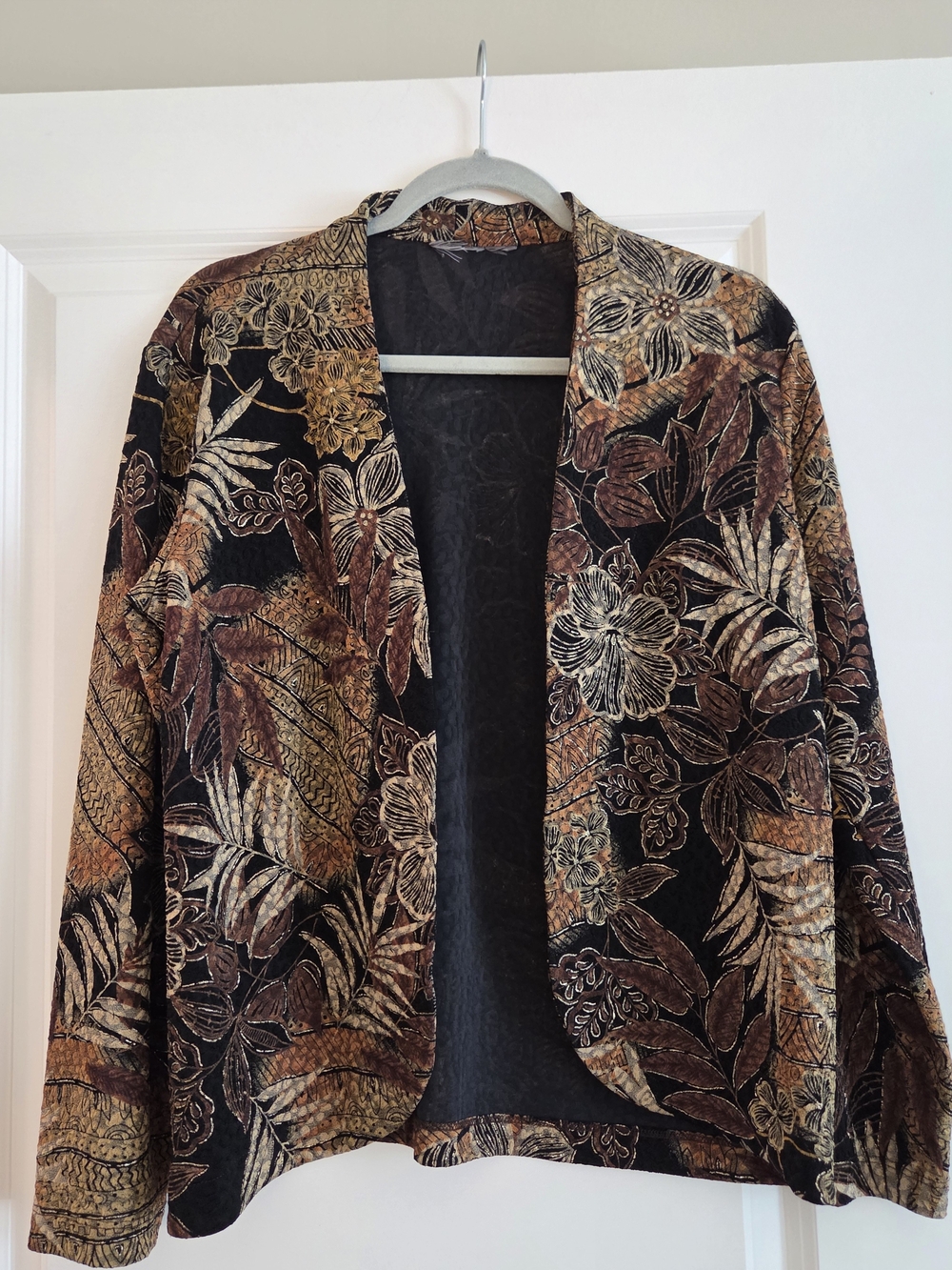 Vintage Brown Black Floral Open Front Blazer Jacket Boho 90s